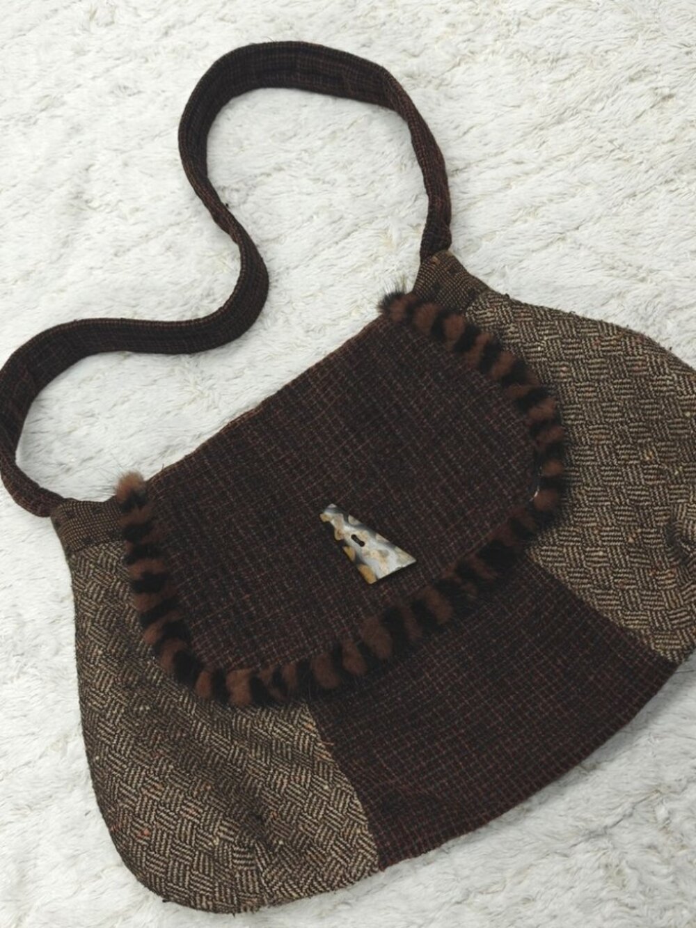 Frittelli &‎ Lockwood Tweed Patchwork Shoulder Bag Fur Trim Cottagecore